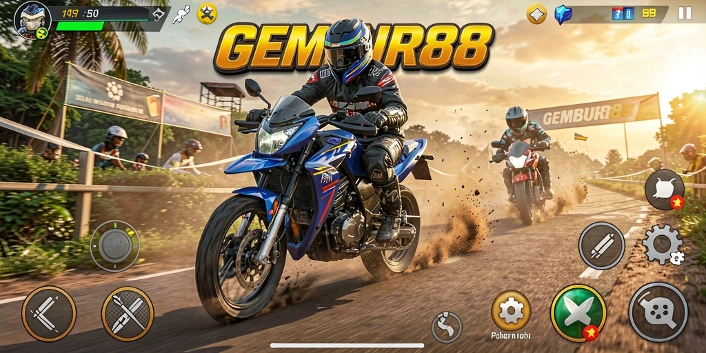 Screenshot utama GEMBUR88 menampilkan aksi balapan motor yang mendebarkan.