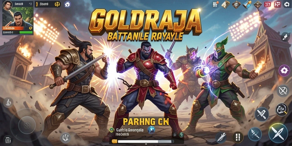 Screenshot gameplay <strong>GOLDRAJA</strong> menampilkan pertempuran seru dalam Battle Royale.