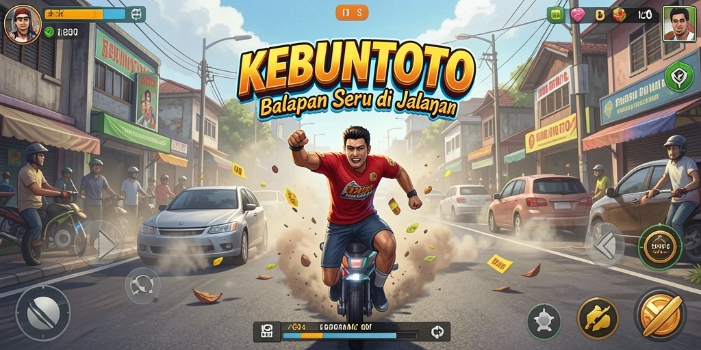 Tampilan gameplay KEBUNTOTO dengan kendaraan balap cepat di lintasan.